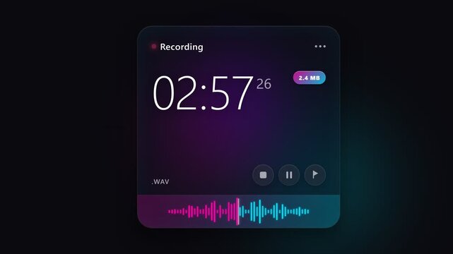 Dark user interface design for a modern voice recording app featuring a digital timer, audio waveform visualization, file size indicator, and playback control buttons.