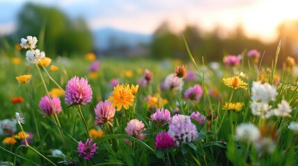 Obraz premium Vibrant Wildflower Meadow Under Sunset Sky with Colorful Blossoms and Green Grass Surrounding Nature's Beauty