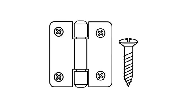 Technical line drawing of a metal door hinge with four screw holes alongside a single wood screw on a plain white background.