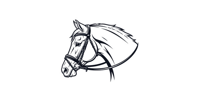 Detailed black and white profile illustration of a horse head wearing a complete riding harness and bridle on a clean white background.