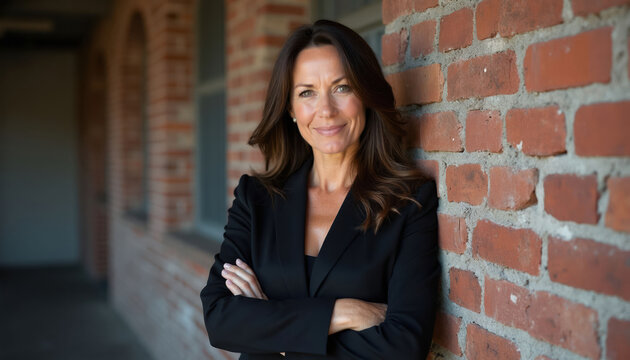 Professional woman in black suit leans against brick wall. She has crossed arms and a confident smile. Represents career success and executive leadership in business.