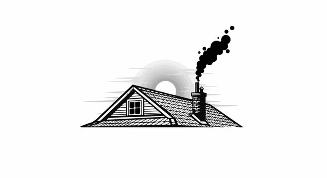 Rustic attic window with smoke rising from brick chimney against sun