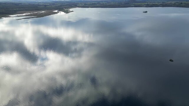 Aerial View of Calm Water of Massive Lake at Balmaha Valley Village Near Glasgow Landscape During Sunset. Village is a popular tourist destination for picnickers and day trippers from Glasgow