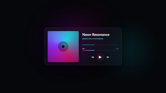 Modern dark music player UI design featuring a vibrant neon gradient album cover titled Neon Resonance with playback controls on a black background.