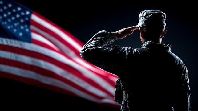 Silhouette of a praying soldier on a black background with an American flag, national holiday tribute concept, Veterans Day photography, with copy space