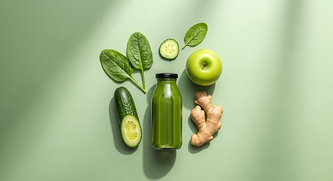 Fresh green vegetable and fruit smoothie in a glass bottle with ingredients on table