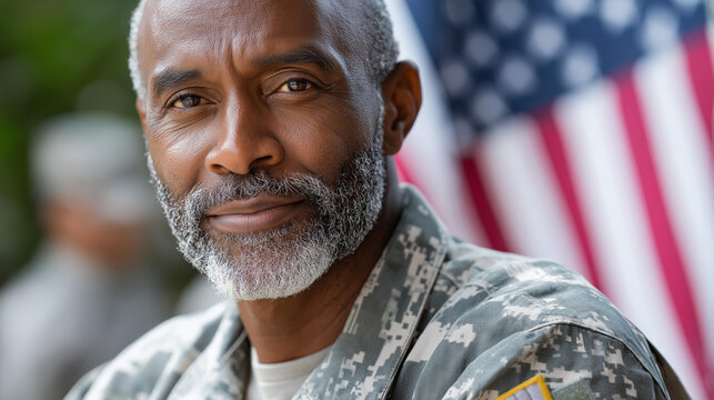 Portrait of a proud military veteran in a decorated uniform standing before the United States flag, honor service and patriotism concept, with copy space