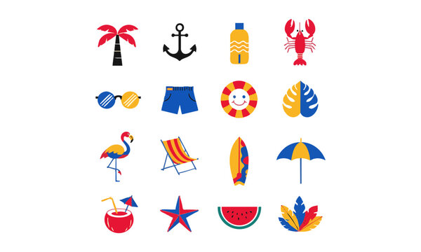 Flat summer tropical beach icons collection vector illustration.