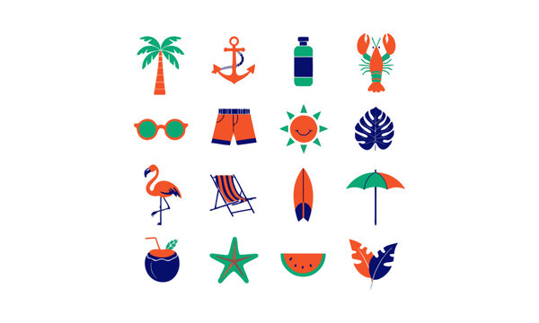 Summer beach elements icon set tropical vector illustration.