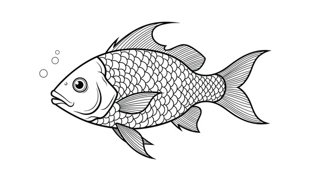 Detailed black and white line drawing of a common fish with scales and fins swimming towards the left side of frame.