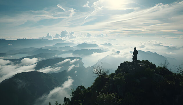 Hero Overlooking Valley with Floating Islands and Clouds