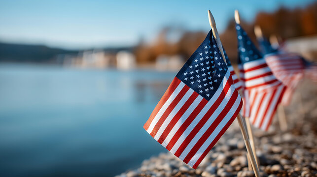 American flag display commemorating a national holiday, patriotic decoration concept, Veterans Day photography, with copy space