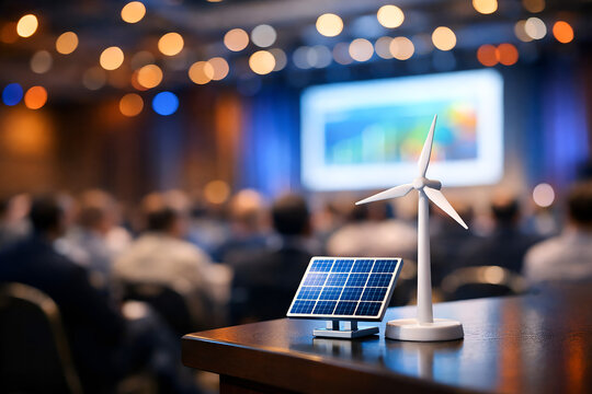 Miniature wind turbine and solar panel on a table with a blurred business conference audience and presentation screen in the background