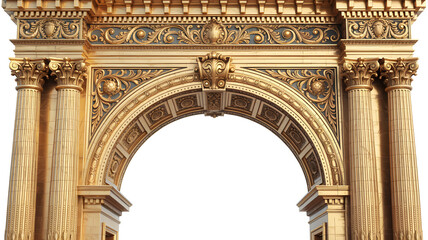 Obraz premium Ornate Golden Triumphal Arch with Intricate Baroque Carvings and Corinthian Columns Isolated on White Background. Luxurious Neoclassical Architectural Gateway for Elegant Design Projects and Portals.