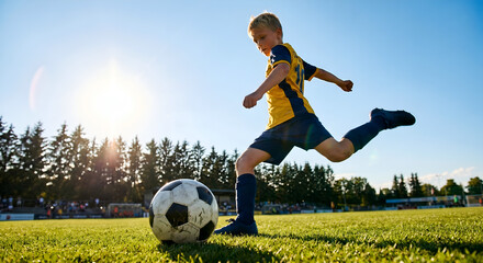 Fototapeta premium Low angle view of a young boy in a yellow and blue uniform kicking a soccer ball on a sunny grass field
