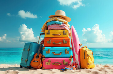 Obraz premium Colorful stack of vintage suitcases, surfboard, guitar, and hat on a sandy beach. Get ready for tropical island vacation fun, adventure, and travel.