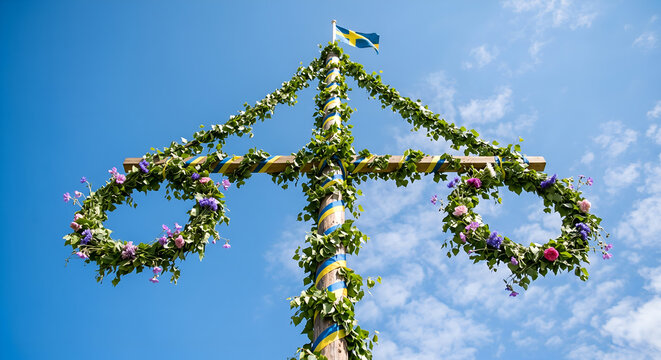 Hand-drawn watercolor illustration of a traditional Swedish Midsummer pole decorated with green leaves, colorful flowers, and Swedish flags