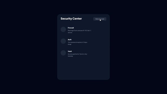 Dark Theme Security Center Dashboard Interface Displaying Firewall Logs and Password Expiry Alerts