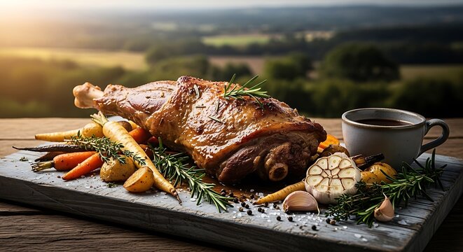 Roasted lamb leg with carrots and fresh rosemary served on a wooden board. pierna cordero