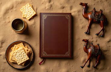 Fototapeta premium Passover Haggadah book with matzah and decorative camels on sandy background. Religious Jewish holiday still life with Kiddush cup for ceremonial wine.