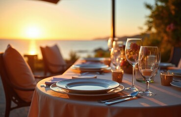 Obraz premium Luxury patio table set for dinner at sunset. Ocean view with calm sea and distant hills. Empty plates and glasses await guests for a tranquil outdoor meal.