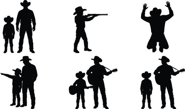 Collection of Black Cowboy Silhouettes Featuring Men and Children in Western Poses Including Playing Guitar Aiming Rifle and Surrendering Isolated on White Background