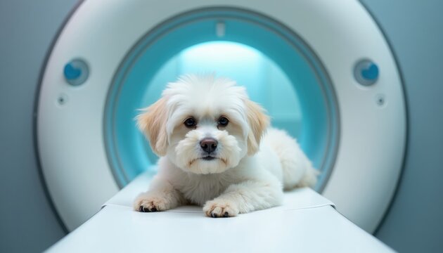 Small white fluffy dog lies on MRI scanner table in veterinary clinic. Pet on medical examination for health diagnosis. Animal healthcare center.