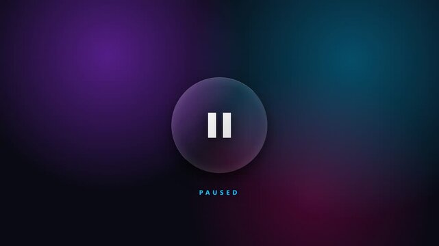 A sleek digital media player interface featuring a glowing play button and the text PLAYING on a dark blue and purple gradient background with a subtle grid.