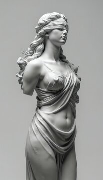 Blindfolded marble sculpture of woman Justicia with draped cloth flowing hair. Symbol of impartial justice and fairness in legal system. Classical art piece.