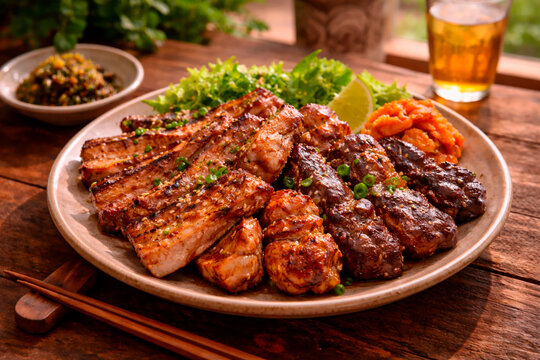 Platter of grilled Korean BBQ featuring thick slices of samgyeopsal (pork belly) and seasoned galbi (short ribs), garnished with green onions and sesame seeds, served with fresh lettuce, kimchi, and a