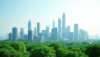 Obraz premium Green forest stretches before modern city skyline with tall skyscrapers under clear sky. Urban area blends with nature, showing eco-friendly planning, development. City towers rise above dense trees.
