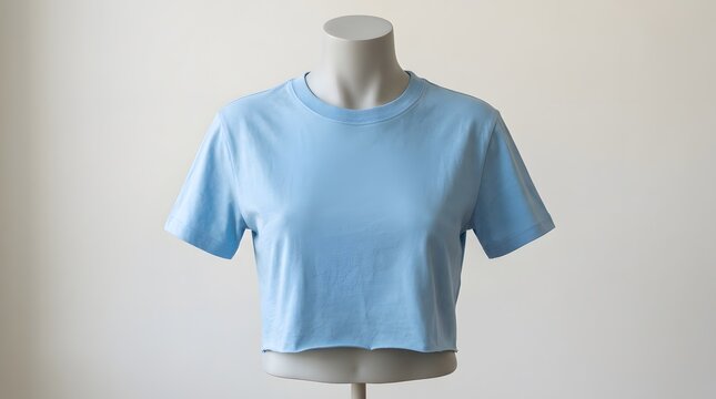 White mannequin torso modeling a light blue cropped shirt