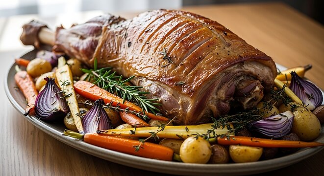 Roasted lamb leg with carrots and onions on a rustic serving platter. pierna cordero