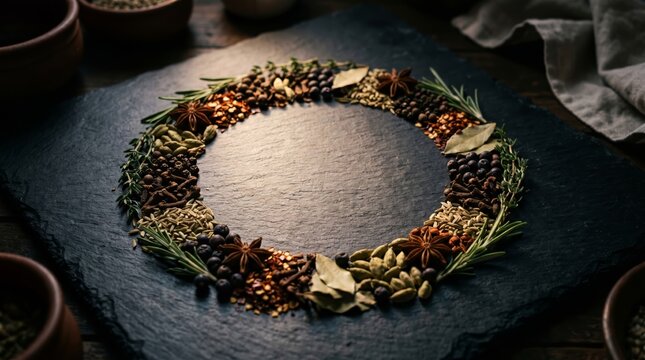 Spice Frame Food Background on Dark Surface with Copy Space for Menu
