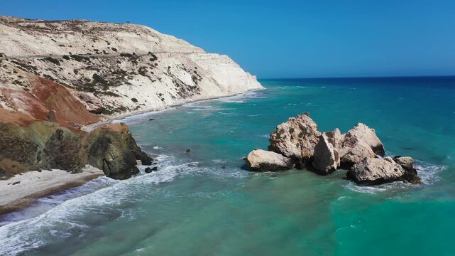 Drone View of Adonis Felsen Rocks in Cyprus &ndash; Waves Crashing on Coastal Rock Formations