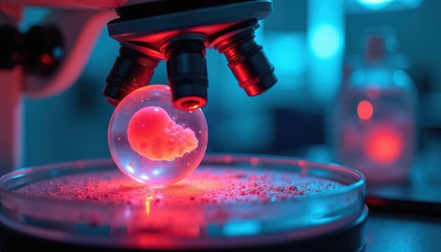 Microscope observes cell cluster in liquid sphere on petri dish. Scientific lab research, biological growth study, tiny organism development. Medical science innovation, early life exam, tiny cell
