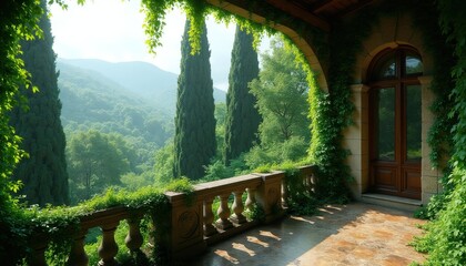 Fototapeta premium Stone balcony covered in green ivy overlooks forest valley with tall cypress trees. Sunlight filters through leaves creating patterned shadows on tiled floor. Archway reveals rustic wooden door.