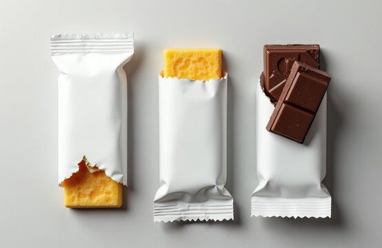 Three snack bar wrappers are shown from top view. One wrapper is open revealing a biscuit bar. Another wrapper is open showing broken pieces of chocolate. The third wrapper is closed.