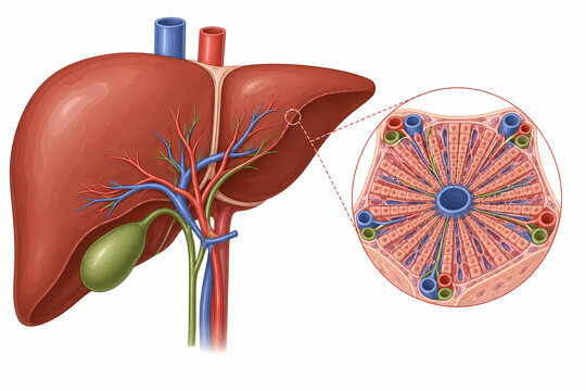 Liver anatomy diagram with lobes gallbladder and lobule detail