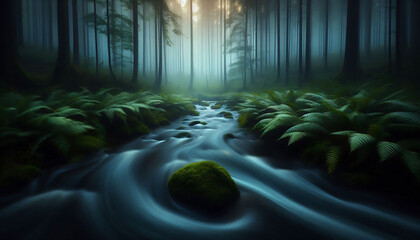 Obraz premium Long exposure nature photograph of a forest stream at twilight, captured wallpaper background