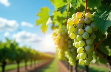Naklejka premium Close-up on ripe white grapes hanging from vine in vineyard. Green leaves and sunny sky in background. Rows of grapevines stretch into distance.