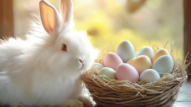 Cute white bunny sitting near Easter basket with colored eggs.