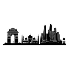 Obraz premium A black and white vector graphic illustration of the New Delhi skyline, featuring iconic landmarks like India Gate, the Taj Mahal, and modern skyscrapers.