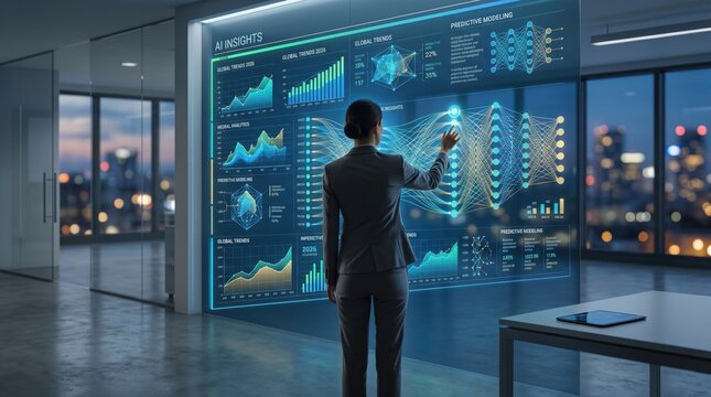 Businesswoman interacting with futuristic holographic AI interface displaying predictive modeling and global trends data analytics on large screen in high tech corporate