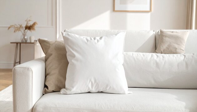 Cozy white couch with cushions in natural light, creating a warm and inviting living room ambiance for relaxation and comfort