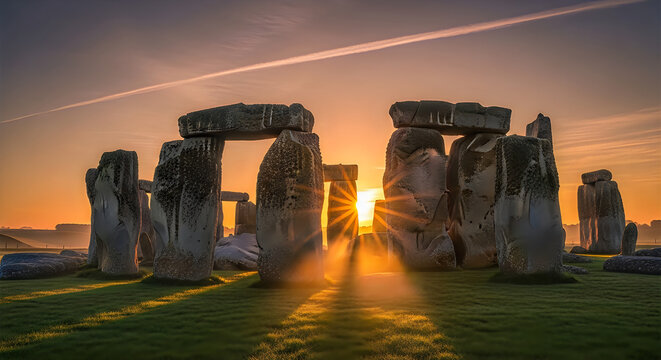 Ancient stone circle monument at sunrise, prehistoric megalithic ruins in golden hour light, mystical archaeological site with sunburst