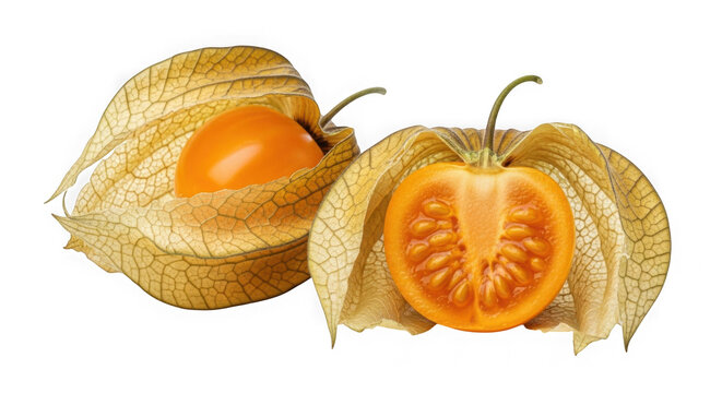 Two groundcherries with one cut open isolated on transparent background