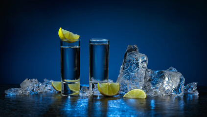 Shot glasses of vodka with lime slices and ice shards on a dark blue background. © Igor Normann