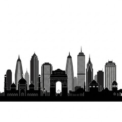 Obraz premium A black and white vector graphic illustration of a city skyline with a mix of modern and historic buildings
