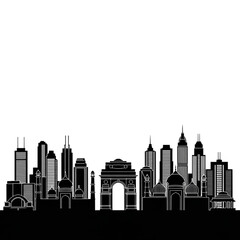 Obraz premium A black and white vector graphic illustration of a city skyline with a mix of modern and historic buildings